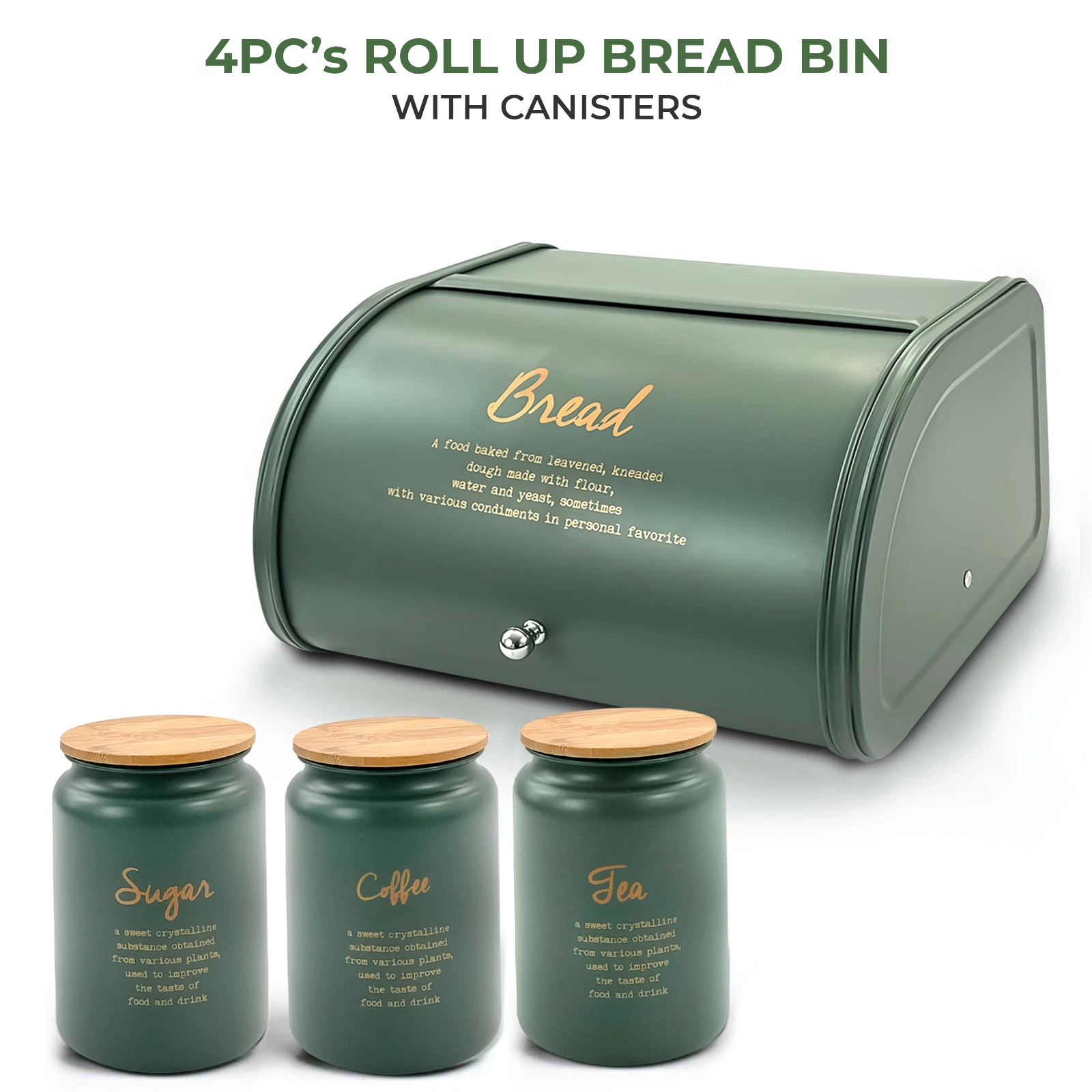 4PCs Metal Bread Bin Storage Box Canister Set Fitting Lid Tea Coffee Sugar Jar