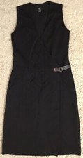 CALVIN KLEIN black sleeveless wool knee length wrap buckle dress 4 Small S