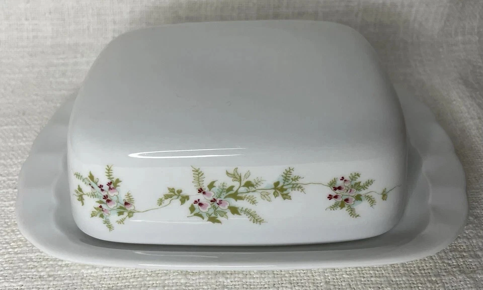 Eschenbach Porzellan Butterdose rechteckig Grüne Ranke mit roter Blüte - Bild 3 von 4