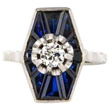 Art Deco Blue Sapphire White Cubic Zirconia Women's 935 Argentium Silver Ring
