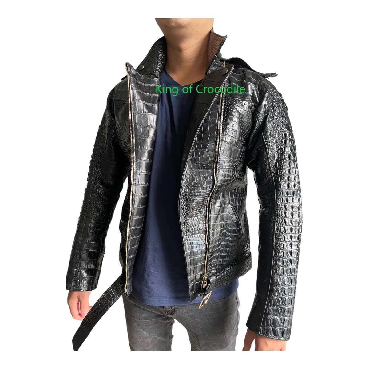 Genuine Crocodile alligator leather black Bomber Biker Motorcycle