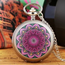 Creative Design Turnable Flower Cover Unisex Quartz Analog Pocket Watch Chain