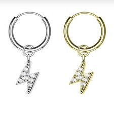 Singolo Orecchino in Acciaio a Cerchio con pendente Fulmine zirconi Donna Uomo