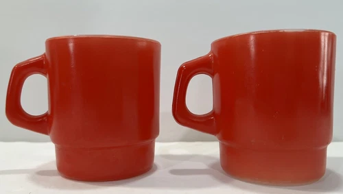 Two Vintage Anchor Hocking Fire King Red Stacking Coffee Mug 8 Oz D Handle