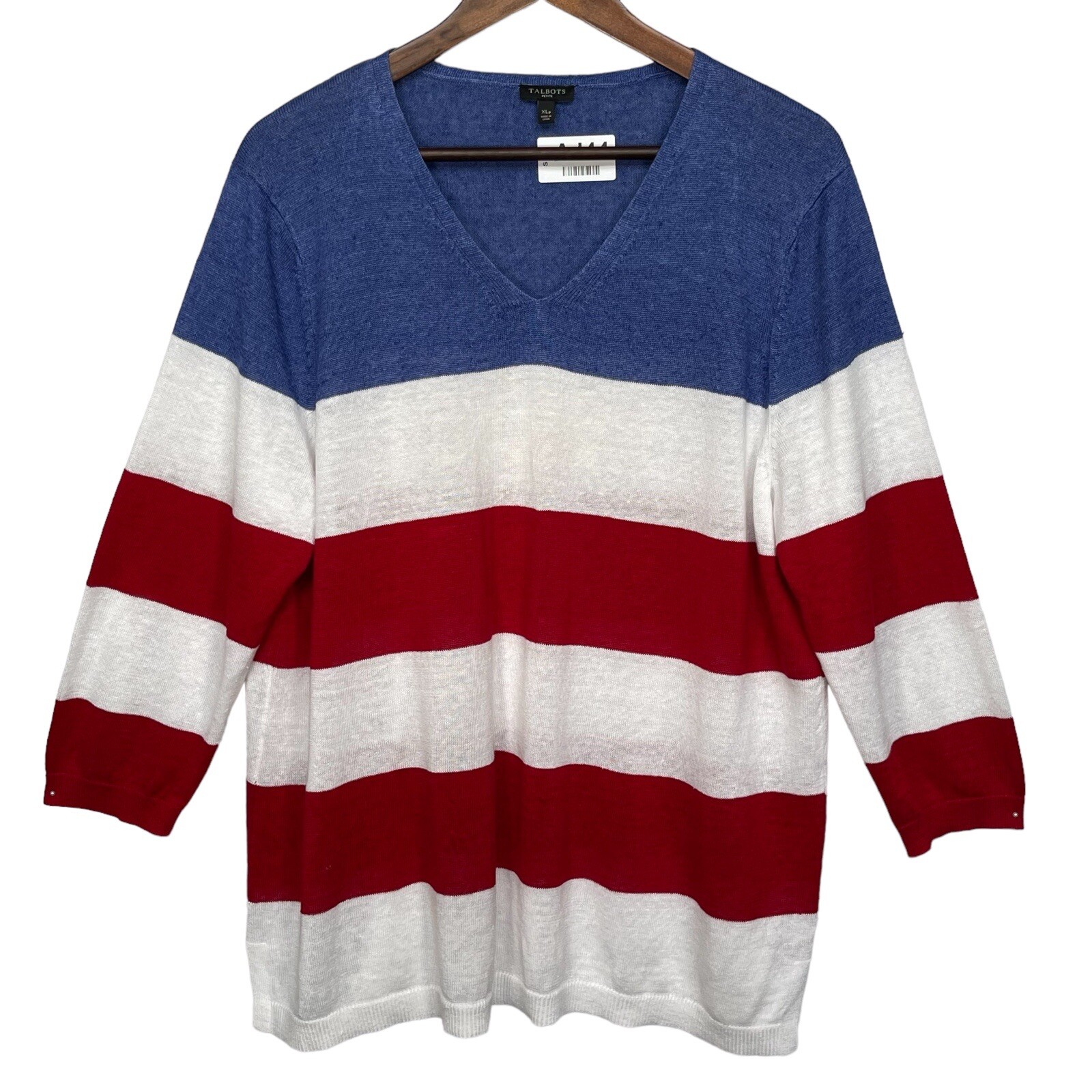 Talbots Pullover Sweater Women Size XLP Red White V Neck 100% Linen 3/4 Sleeve