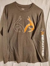 Real Tree T Shirt LG Hunting Pullover Gear Brown L/S Horns Slv Graphics GUC B3