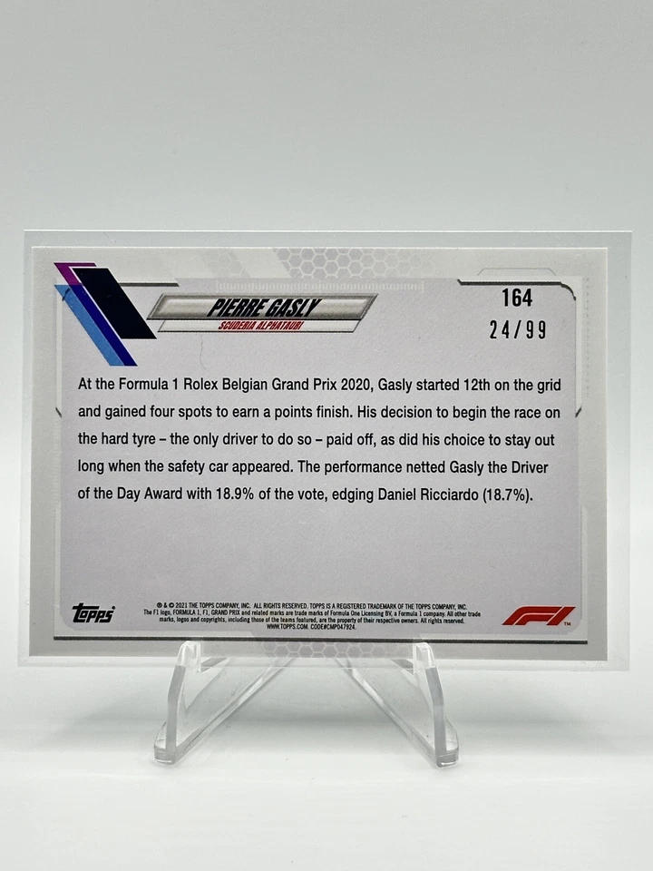 2021 Topps Formula 1 Pierre Gasly Scuderia AlphaTauri #164 Blue Parallel 24/99 - Image 2 of 2