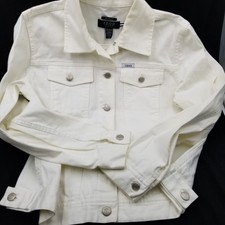 Izod Jeans Womans Denim Jacket Sz Pm White Button Down Petite Stretch Pockets