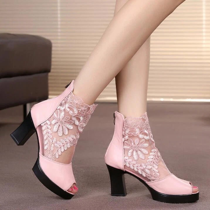 Womens Open Toe Chunky High Heels Lace Sandals Party Ankle Boots