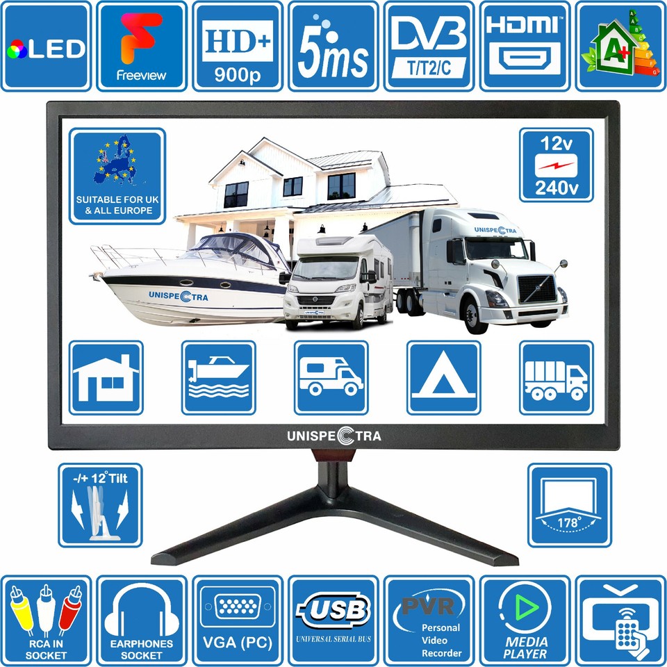 16" Smart Ready TV For Motorhomes, Boats & Trucks - 12V/240V, DVB-T2 Freeview & FM Tuner