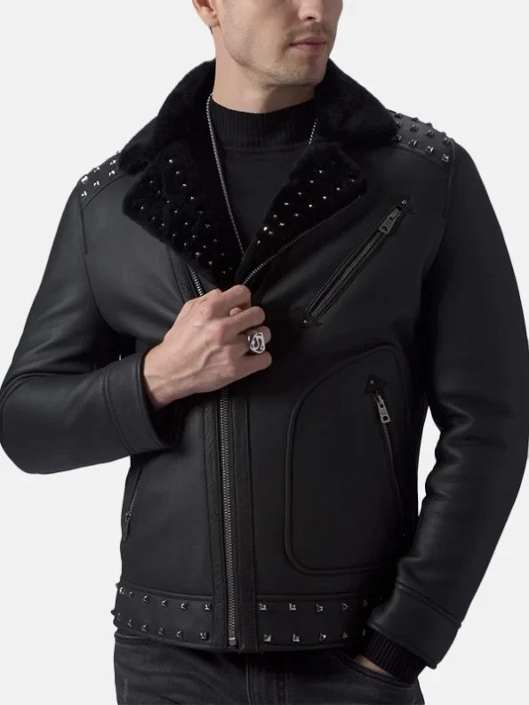 Biker Jacket Men’s Cowhide Leather – Fur Collar, Silver Studs, Multi-Zip Design