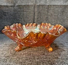 VINTAGE IMPERIAL CARNIVAL GLASS MARIGOLD LUSTRE ROSE PATTERN FOOTED RUFFLED BOWL