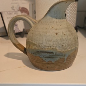 Stoneware Ceramic Pottery Pitcher Jug w/ Handle Matte Drip Glaze Beige Blue