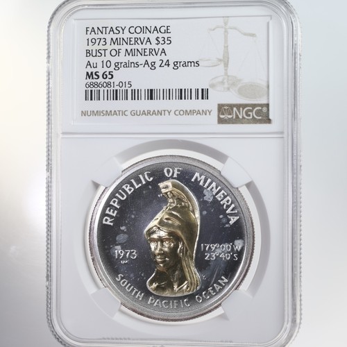 Fantasy Coinage 1973 Minerva $35 Bust Of Minerva Au 10 grain Ag 24 gram NGC MS65