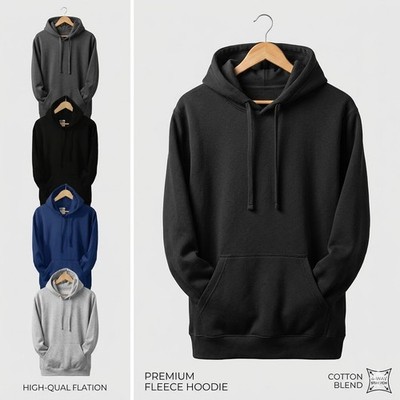 Herren Uni Fleece Hoodie Pullover Oberteil Freizeit Sweatshirt Gr. S-5XL Hoody Schwarz