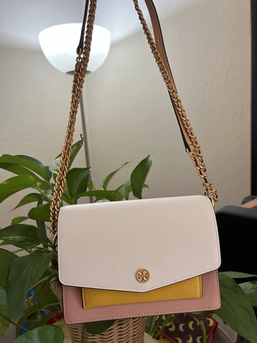 Mini borsa a tracolla nuova con etichette Tory Burch 77089 Robinson color block prezzo al dettaglio consigliato dal produttore $348 avorio rosa
