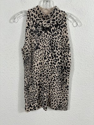 Vertigo Paris Tank Top Womens XL Beige Black Animal Print Beaded Knit Sleeveless