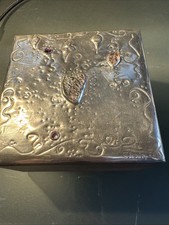 Sue Rawley Vintage Unique Trinket Box Gem Embellished Repousse Silver Metal Lid