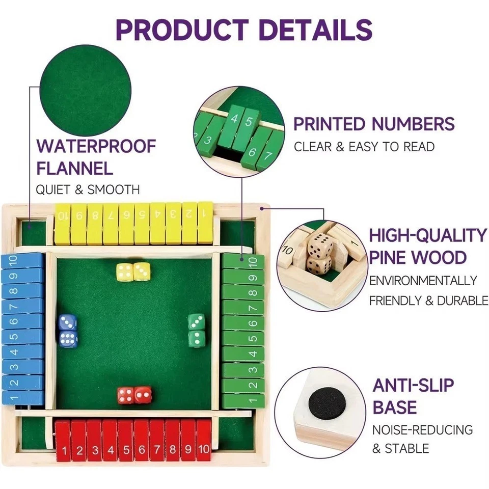 Wooden Dice Board Game Shut The Box for 4 Players Flaps & Dices Game Parent-chi* - Image 3 of 4