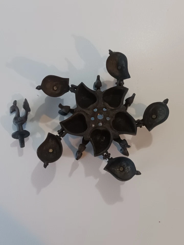 Antique Indian Brass KumKum Box Powder Tikka Box Peacock Finial Unique - Image 2 of 4