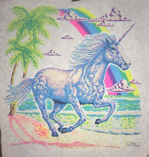 Vintage Unicorn Rainbow Tropical Beach Iron On Transfer 12"x12" Fantasy 1989