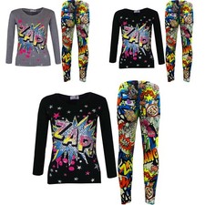 Kids Girls " ZAP " Print Party Fashion Top T Shirt Comic Book Legging Set 7-13