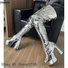 Women Spring Over Knee Boots Patent Block High Heels Round Toe Cosplay Shoes