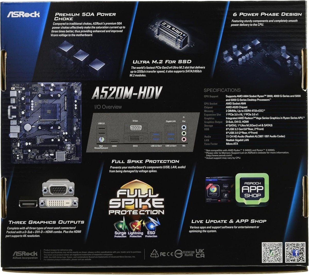 ASRock A520M-HDV AM4 AMD Ryzen 5000/4000/3000 MicroATX Motherboard