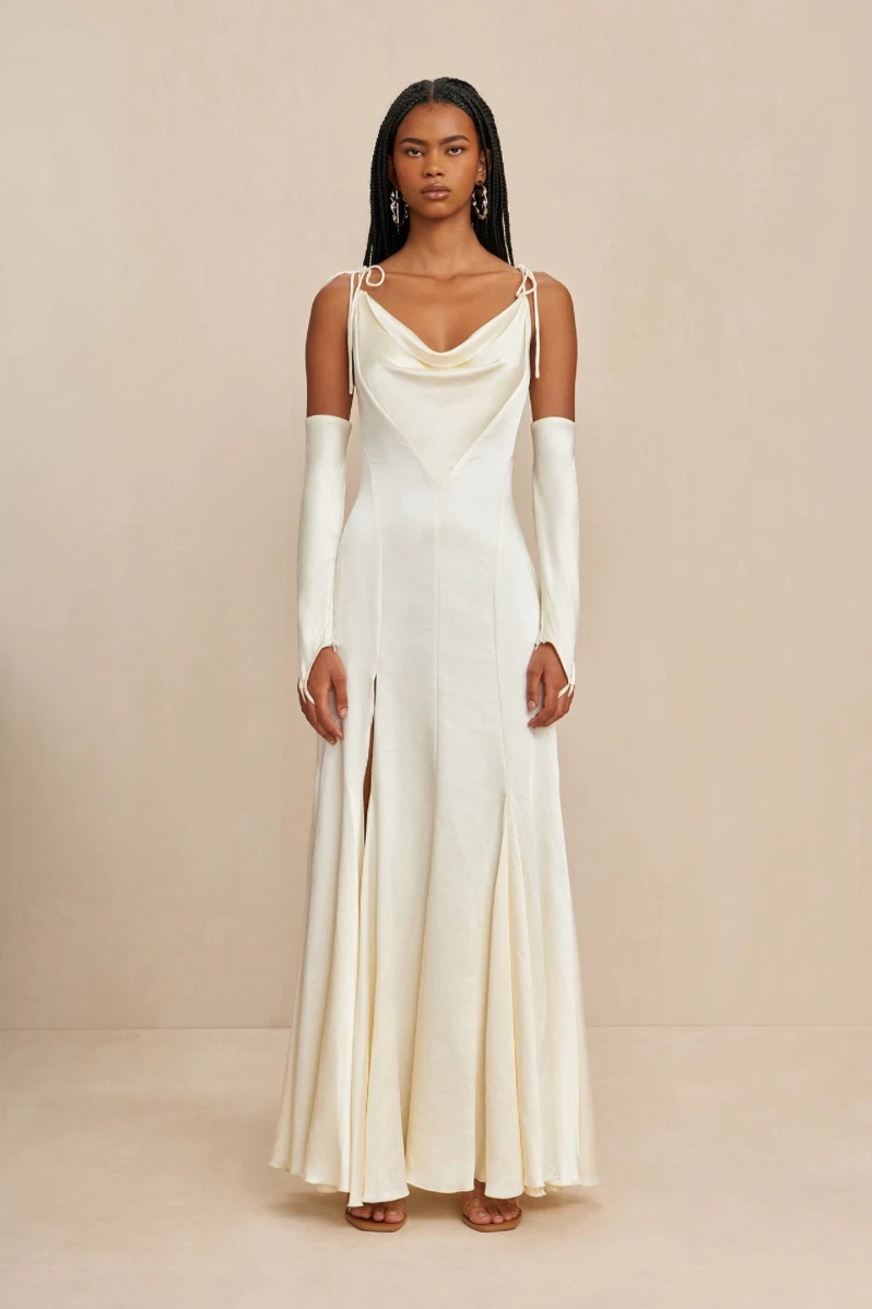 OFF WHITE Abito da sposa nuovo cult Gaia Nassia bianco sporco raso US 4