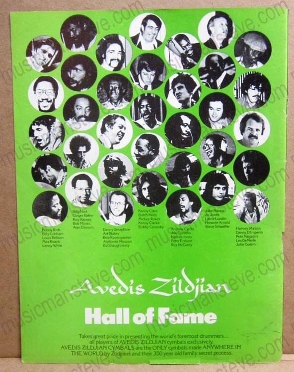 1970s ZILDJIAN CYMBAL print ad - features 35 endorsers in Hall Of Fame ad