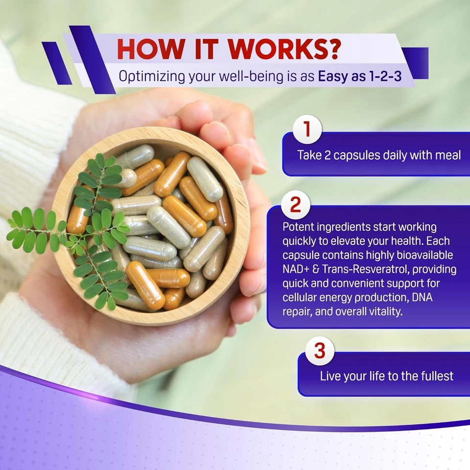 NAD+ Supplement for Anti-Aging Energy Focus & Nicotinamide Riboside Resveratrol - Image 2 of 4