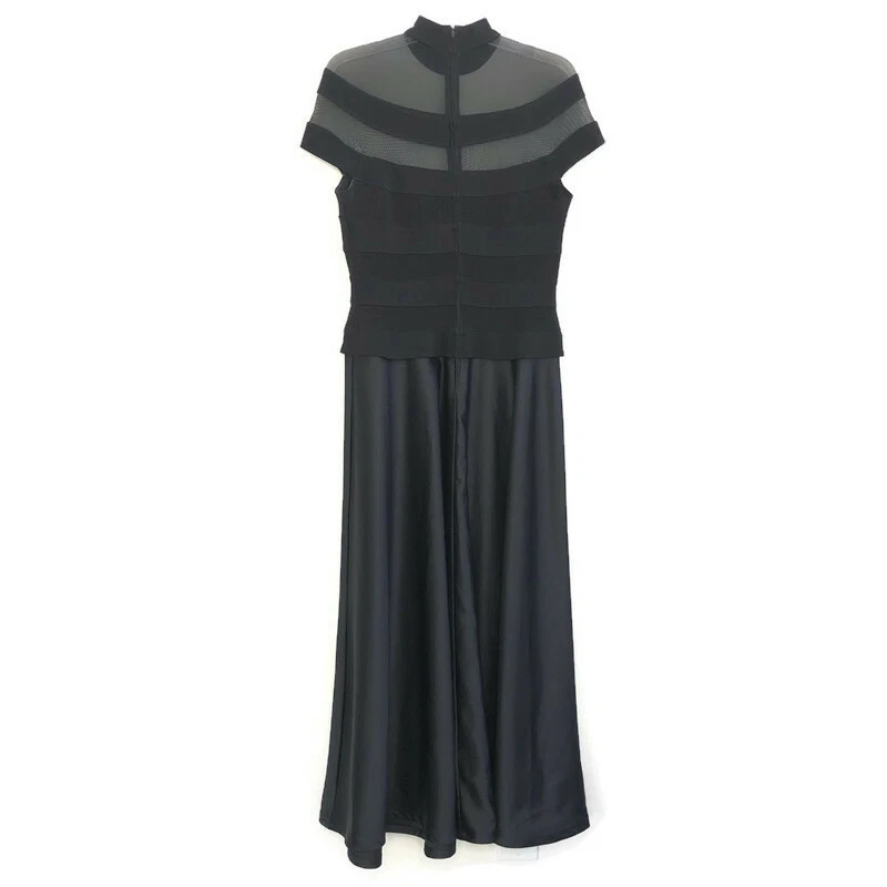 Vestido maxi vintage Tadashi Shoji preto manga gorro malha pescoço falso ilusão 12 AP - Imagem 2 de 4