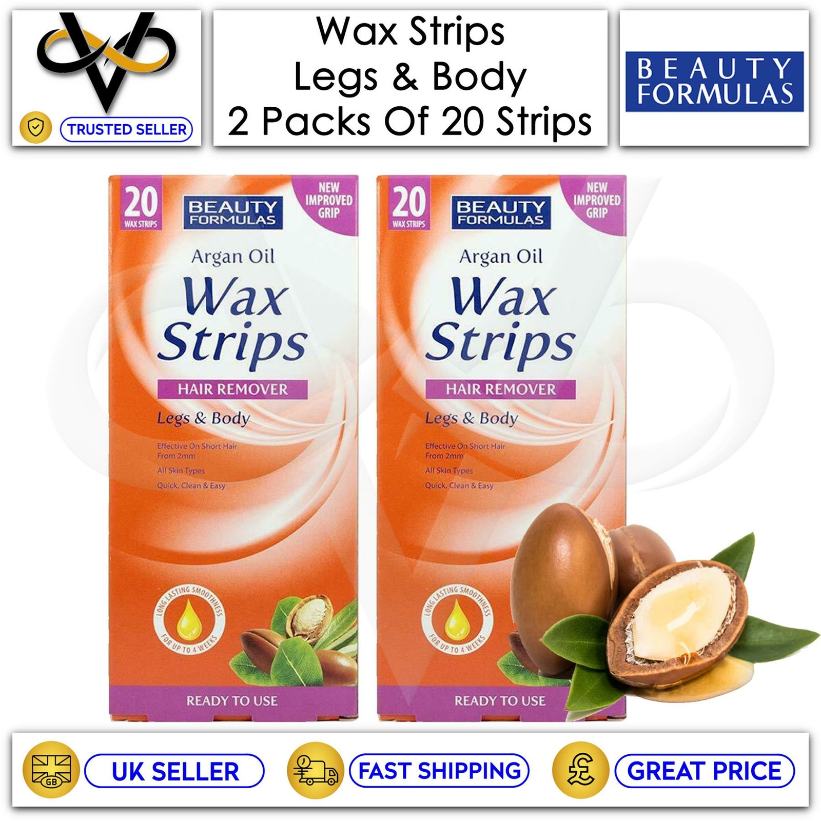Beauty Formulas Wax Strips Hair Remover 2x20 Legs & Body Strips All