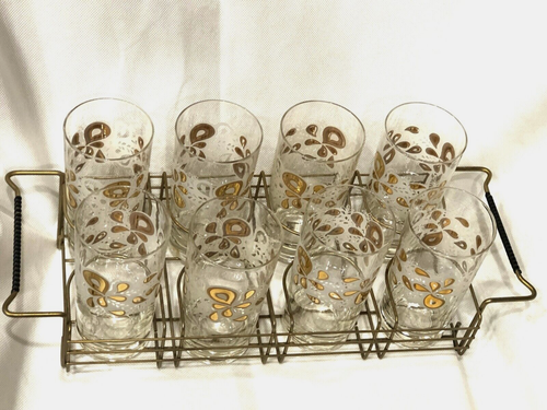 Fabulous MidCentury Gold/Frost Design 8 Glasses & Caddy - 第 1/9 張圖片
