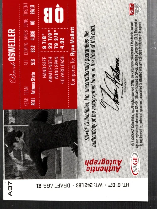 B0496- 2012 SAGE Autographs Gold #A37 Brock Osweiler Auto /100 - NM-MT - Image 2 of 2