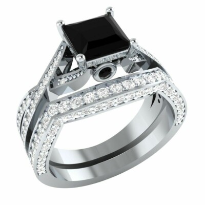2.Ct Princess Cut Lab-Created Black Onyx Wedding Band Ring Set 925 Silver Bridal