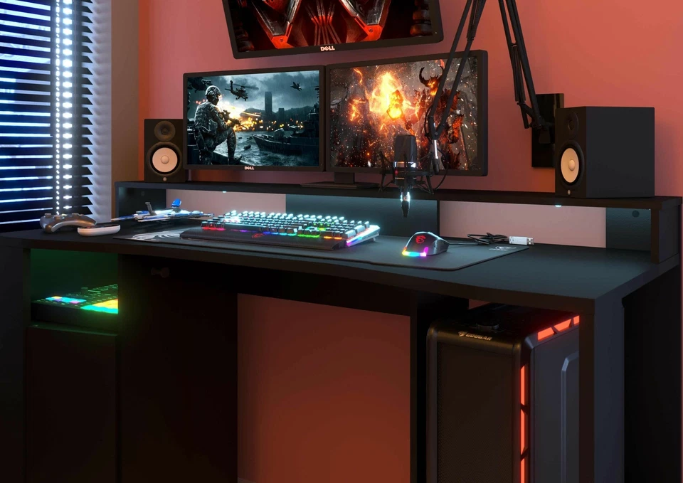 Gamertisch Parisot mit Regal Schreibtisch PC-Tisch LED-Beleuchtung Farbwechsel - Bild 2 von 4