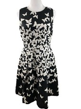Talbots Sleeveless Dress 2 Black White Butterflies Fit Flare Lined Knee Length
