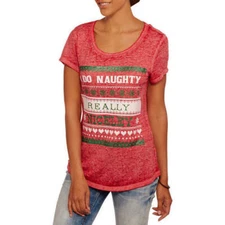 Rocker Girl Junior Women Red Naughty Nicely Christmas Semi Sheer Fitted Shirt