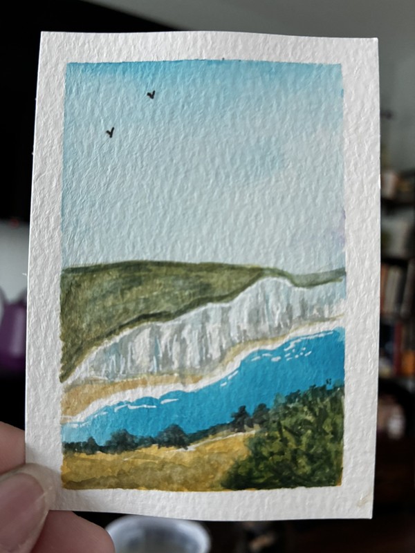 White cliffs along the water. ACEO watercolor. Kelly.Ospina