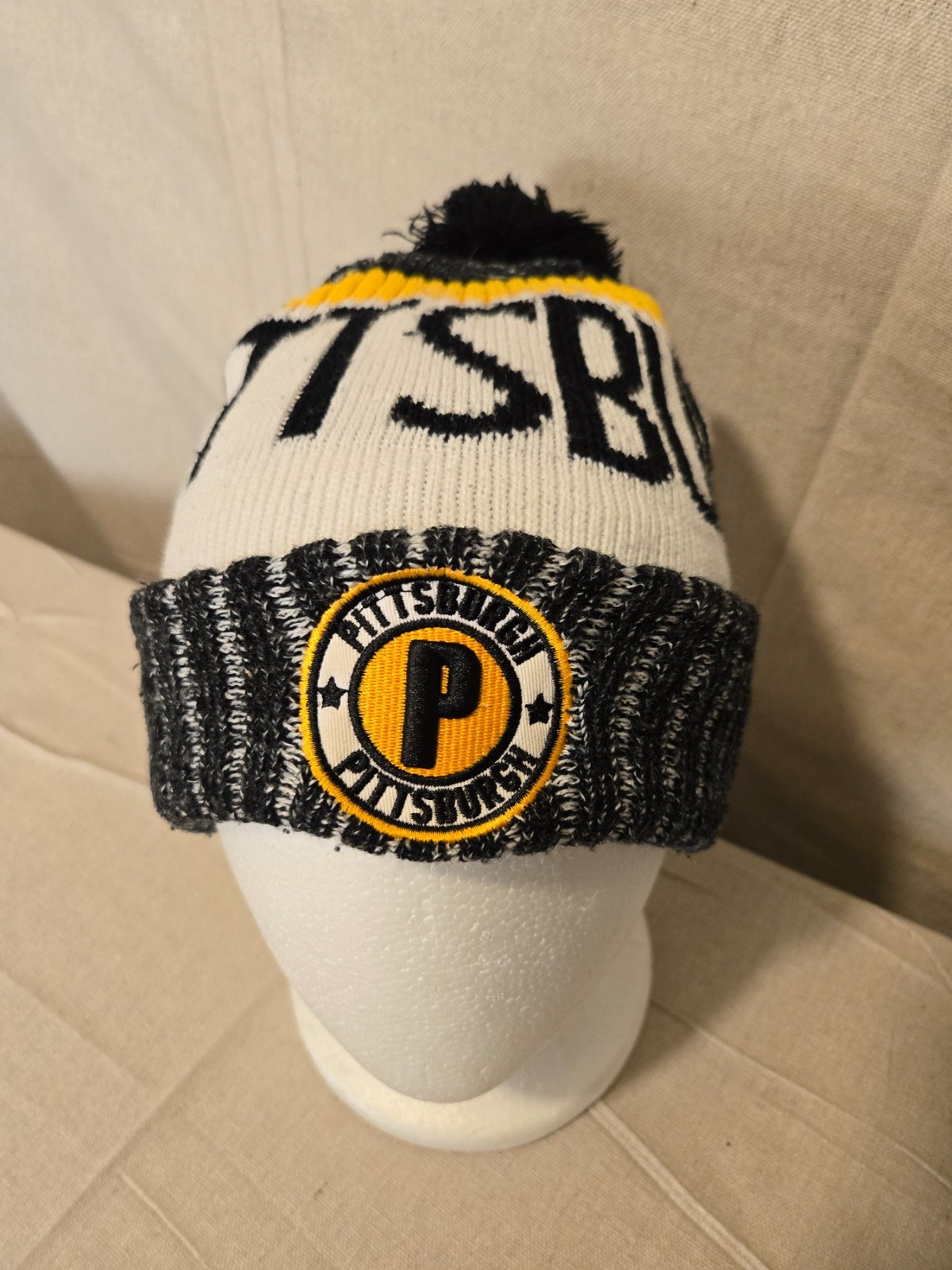 Pittsburgh Pom Pom Knit Beanie Black Yellow White One Size