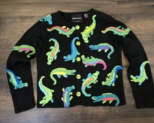 Vintage 90s Michael Simon Alligator Cardigan Beaded Neon Sweater Small Kitsch