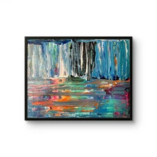 Abstract Waterfall Painting 11x14 Teal Coral Blue Original Canvas Art