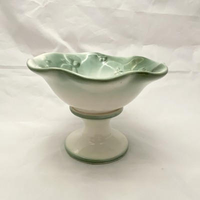 Regal Hull Pottery Footed Pedestal Bowl, Candy Dish, Green & White, Vintage