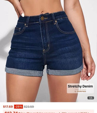 SHEIN ESSNCE Women's M High Rise Dark Wash Blue Cuffed Stretch Denim Shorts
