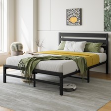 Full Size Bed Frame with Rustic Vintage Wood Headboard and Metal Support Black