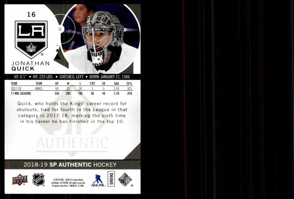 2018-19 SP Authentic Jonathan Quick #16 - Image 2 of 2