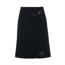 PRADA 23 Years Wool Wrap Skirt 36S Womens Black P171XE Logo Metal Pin F/S from