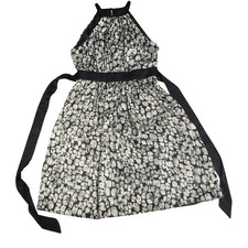 London Times Sleeveless Lined Belted Knee Length Dress Black White Floral Size 8
