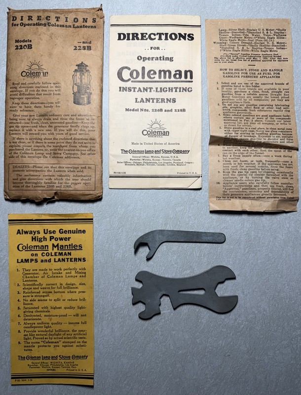 Vintage 1930s Coleman Lantern 220B and 228B Instructions Envelope And Wrenches